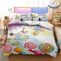 Snoopy Woodstock Hold Umbrella Lollipops Christmas Bedding Set