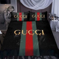 Best Gucci Golden Logo With Vintage In Black Background Bedroom Set