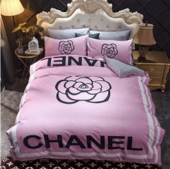 Chanel Black Signature Flower in Pink Background Bedding Set