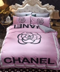 Chanel Black Signature Flower in Pink Background Bedding Set