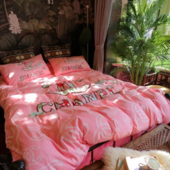 Chanel Cute Pink Floral Logo Bedding Set