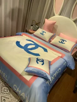 Chanel Logo Blue Printed Bedding Sets Quilt Sets Duvet Cover Luxury Brand Bedding Decor Bedroom Sets Best Luxury Bedding Sets