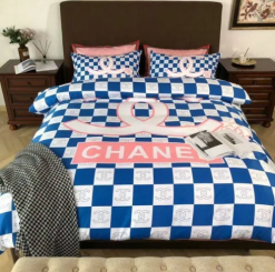 Chanel White And Blue Caro Bedding Set