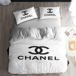Chanel White Logo Bedding 3D Printed Bedding Sets Quilt Sets Duvet Cover Luxury Brand Bedding Decor Bedroom Sets Best Luxury Bedding Sets
