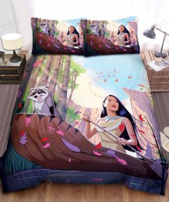 Disney Princess Pocahontas & Meeko Rowing In Stream Illustration Bed Sheet Spread Comforter Duvet Cover Bedding Sets