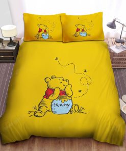 Disney Winnie The Pooh And Hunny Pot Drawing On Yellow Bed Sheets Spread Duvet Cover Bedding Sets