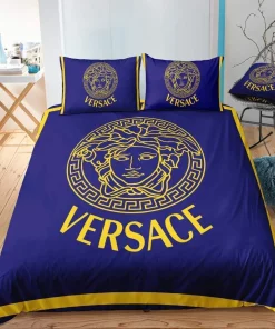 Golden Logo Blue Versace Bedding Sets Luxury Brand Bed Sets, Bedroom Sets, Comforter Sets, Duvet Cover, For Trending 2023 For Home Bedding Sets
