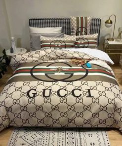 Gucci Bee Big Logo In Monogram Background With Stripe Duvet Cover Set