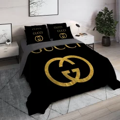 Gucci Black Golden Logo Luxury Brand High End Premium Bedding Set Bedding Sets