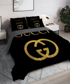 Gucci Black Golden Logo Luxury Brand High End Premium Bedding Set Bedding Sets