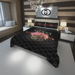 Gucci Doggy And Flowers Fashion Logo Luxury Brand Premium Bedding Sets,Bed Sets, Bedroom Sets, Comforter Sets, Duvet Cover, Bedding Sets