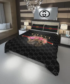 Gucci Doggy And Flowers Fashion Logo Luxury Brand Premium Bedding Sets,Bed Sets, Bedroom Sets, Comforter Sets, Duvet Cover, Bedding Sets