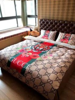 Gucci Floral Tiger With Vintage In Monogram Background Duvet Cover Set