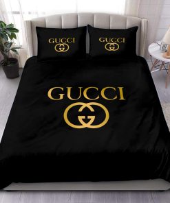 Gucci Golden Logo In Black Background Bedding Set