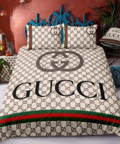 Gucci Logo In Monogram Background With Signature Stripe Bedding Set