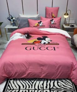 Gucci x Mickey Signature Logo In Pink Background Bedding Set King