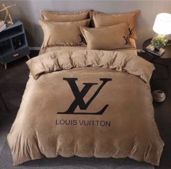 Louis Vuitton Basic Logo In Brown Background Bedding Set