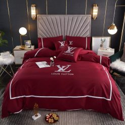 Louis Vuitton Basic Logo in Red Background Bedding Set
