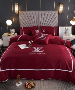 Louis Vuitton Basic Logo in Red Background Bedding Set