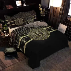 Louis Vuitton Black Gold Luxury Brand Bedding Set, Lv Home Decorations Bedding Sets