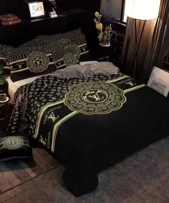 Louis Vuitton Black Gold Luxury Brand Bedding Set, Lv Home Decorations Bedding Sets