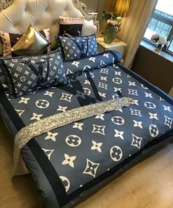 Louis Vuitton Blue And Black Logo Brand Bedding Set Duvet Cover Set Bedding Sets
