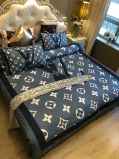 Louis Vuitton Blue And Black Logo Brand Bedding Set Duvet Cover Set Bedding Sets