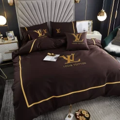 Louis Vuitton Brown And Golden Logo Brand Bedding Sets Duvet Cover Set, For Home Bedding Sets
