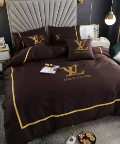 Louis Vuitton Brown And Golden Logo Brand Bedding Sets Duvet Cover Set, For Home Bedding Sets