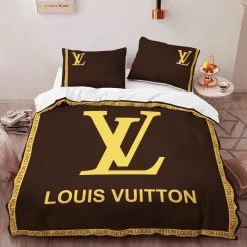 Louis Vuitton Brown Yellow Louis Vuitton Lv Logo Type 1175 Bedding Sets Premium Fashion Brand Luxury
