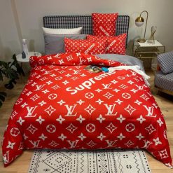 Louis Vuitton Lv X Supreme Red Logo Type 3161 Bedding Sets Hyperbeast Bedroom Covers Bed Linen