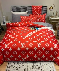 Louis Vuitton Lv X Supreme Red Logo Type 3161 Bedding Sets Hyperbeast Bedroom Covers Bed Linen