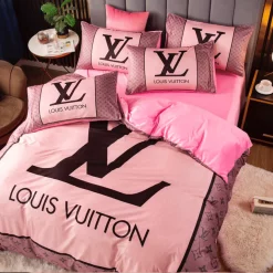 Louis Vuitton Pink Fashion Logo Luxury Brand Bedding Sets, For Home Bedding Sets