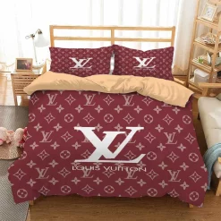 Louis Vuitton Red Fashion Logo Luxury Brand Premium Bedding Sets, For Home Bedding Sets