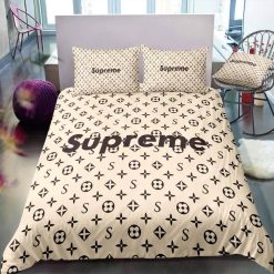 Louis Vuitton Supreme Light Yellow Logo Type 262 Bedding Sets Bed Linen Blankets Sheets Duvet