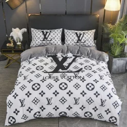 Louis Vuitton White Black Logo Type 357 Bedding Sets Covers Premium Fashion Brand Sheets Blankets Hyperbeast Bedroom Luxury Ideas Bed Linen Duvet