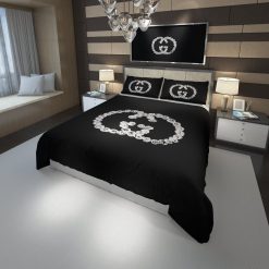 Luxury Gucci White Flower Logo In Black Background Bedding Set