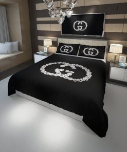 Luxury Gucci White Flower Logo In Black Background Bedding Set