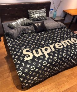 Luxury Louis Vuitton x Supreme Black Monogram Bedding Set