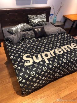 Luxury Louis Vuitton x Supreme Black Monogram Bedding Set