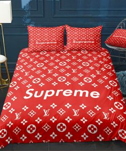 Luxury Louis Vuitton x Supreme Red Monogram Print Bedding Set
