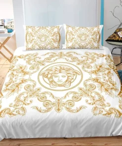 Medusa Golden Pattern White Versace Bedding Sets Luxury Brand Bed Sets, Bedroom Sets, Comforter Sets