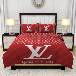 Red Background And White Pattern Louis Vuitton Bed Sheets Spread Comforter Duvet Cover Bedding Setss